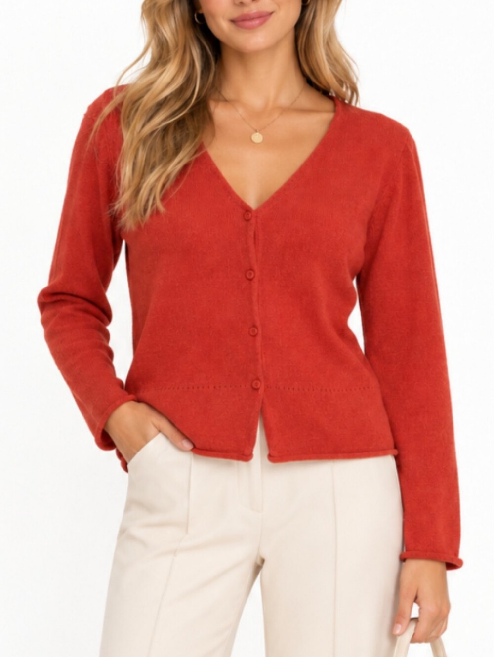 EILEEN FISHER Cardigan Sweater Size L Orange V-Neck Rolled Edge Soft Girl Earthy